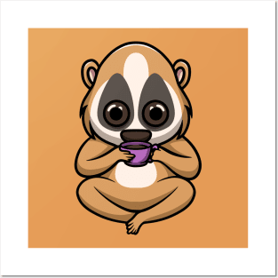 Cute Slow Loris Drinking Hot Chocolate Posters and Art